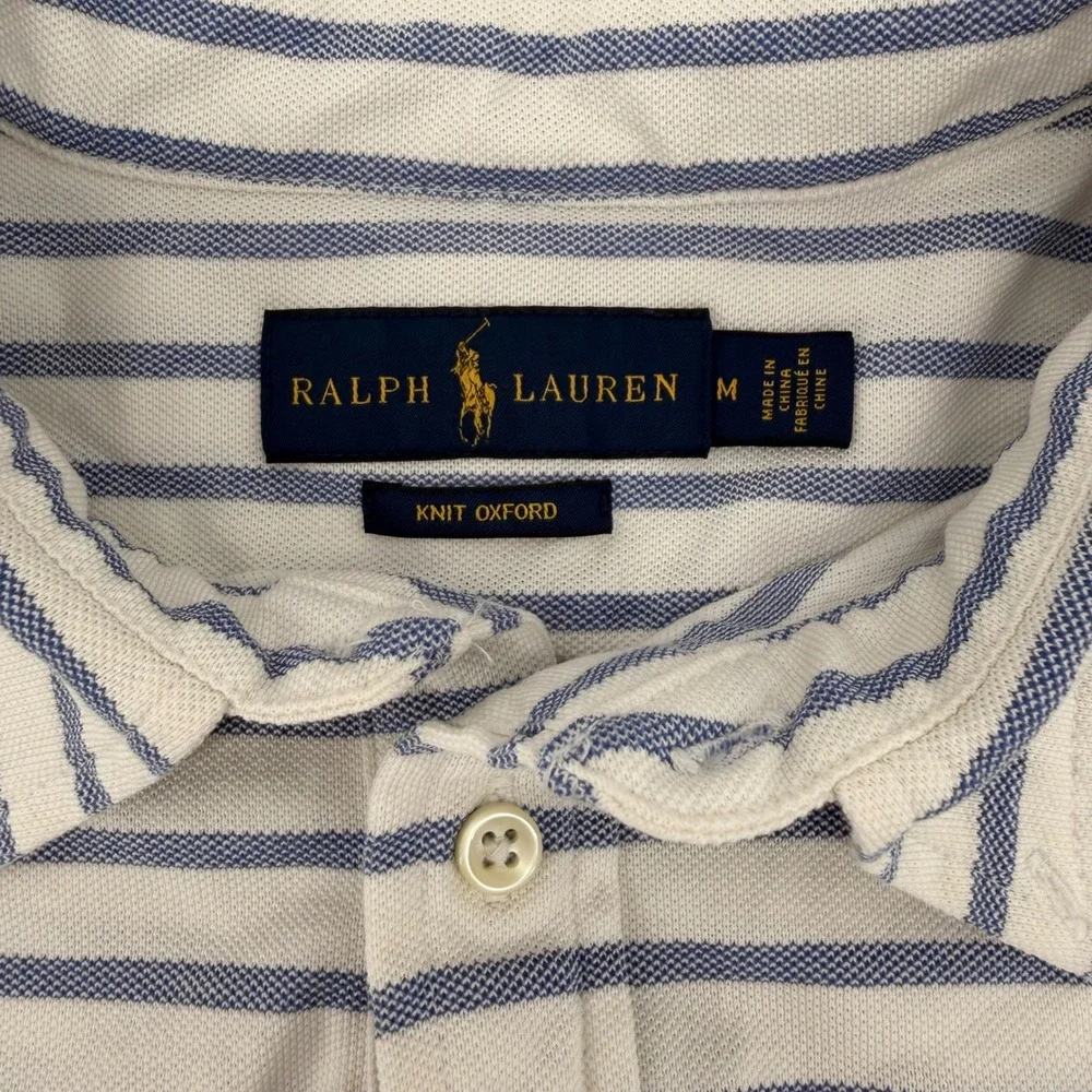 Ralph Lauren Knit Oxford Polo Shirt Mens Medium Blue White Striped Short Sleeve